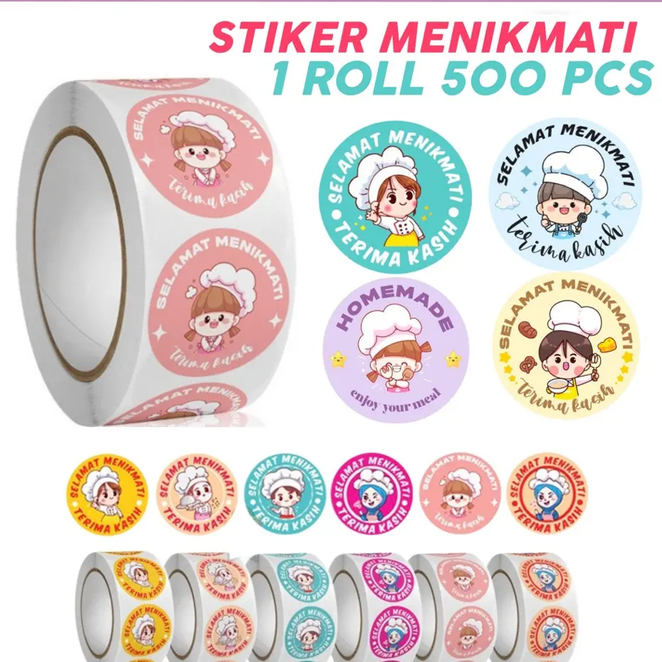500 Pcs Stiker Terima Kasih Selamat Menikmati Sticker Bulat Roll Makanan Kue Catering Thank You ST001 Paper