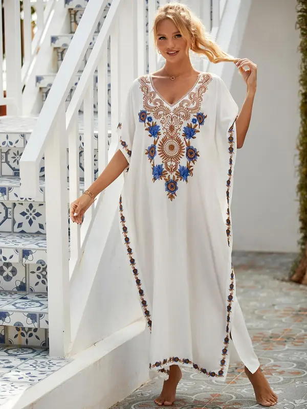 【Plus Size】Ethnic Pattern Split Hem Arabian Dress, Modesty Elegant Batwing Sleeve Notched Neck Long Dress, Holiday Dresses, Muslim Dresses for Women, Summer Kaftan Dress, Wedding Guest Dress, Plus Size Dresses 8
