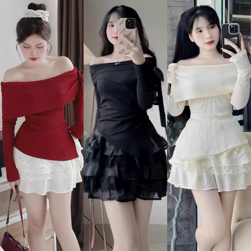 Set váy nữ áo gân thiết kế dài tay trễ vai kèm chân váy tơ phối ren ngắn xếp tầng [ có lót ] xinh xắn dành cho các nàng đi tiệc, đi chơi. Women top