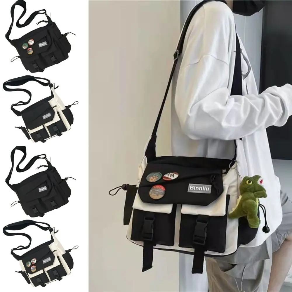 Cool Large Capacity Men Crossbody Bag Square Harajuku Nylon Postman Bag Japanese Style with Badges Casual Messenger Bag Unisex