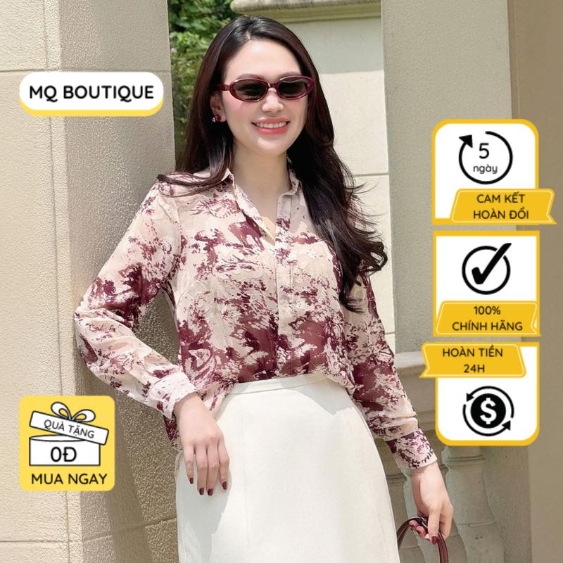 Áo Tơ Hàn Sơ Mi Nữ Tay Dài Thiết Kế MQ Boutique Cao Cấp Công Sở Màu Be Vệt Loang Đỏ Nâu Mềm Mỏng Sang Trọng