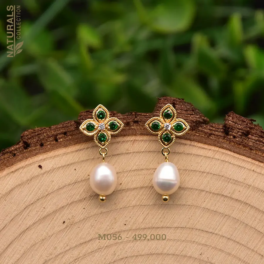 M057-Hoa tai ngọc trai thiên nhiên phối đá phỉ thuý Naturals Collection thiết kế sang trọng, trang nhã - Handmade Chuẩn xuất khẩu
