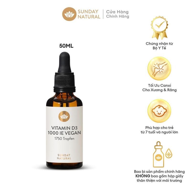 Chai Vitamin Sunday Natural VITAMIN D3, 1.000 IU, 1750 giọt, Thuần Chay dành cho trẻ em từ 7 tuổi trở lên (Bao bì sản phẩm không có hộp giấy bên ngoài)