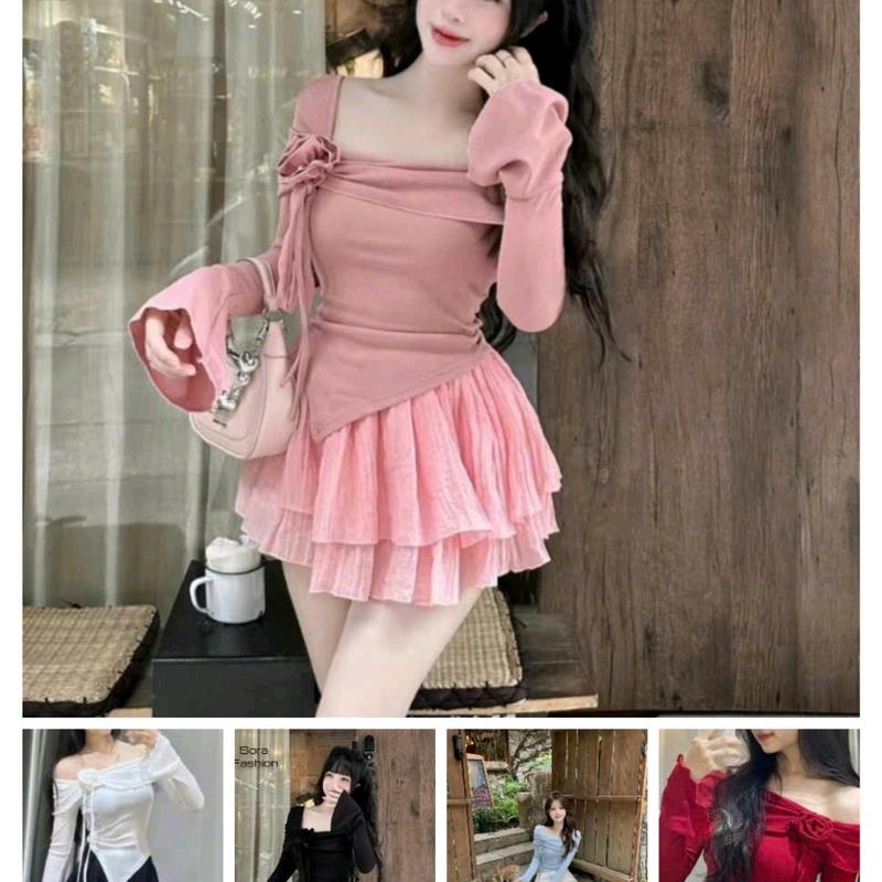 Áo kiểu douyin tay ống loe trễ vai chất thun tăm phong cách tỷ tỷ trung hoa Nữ Tay Loe