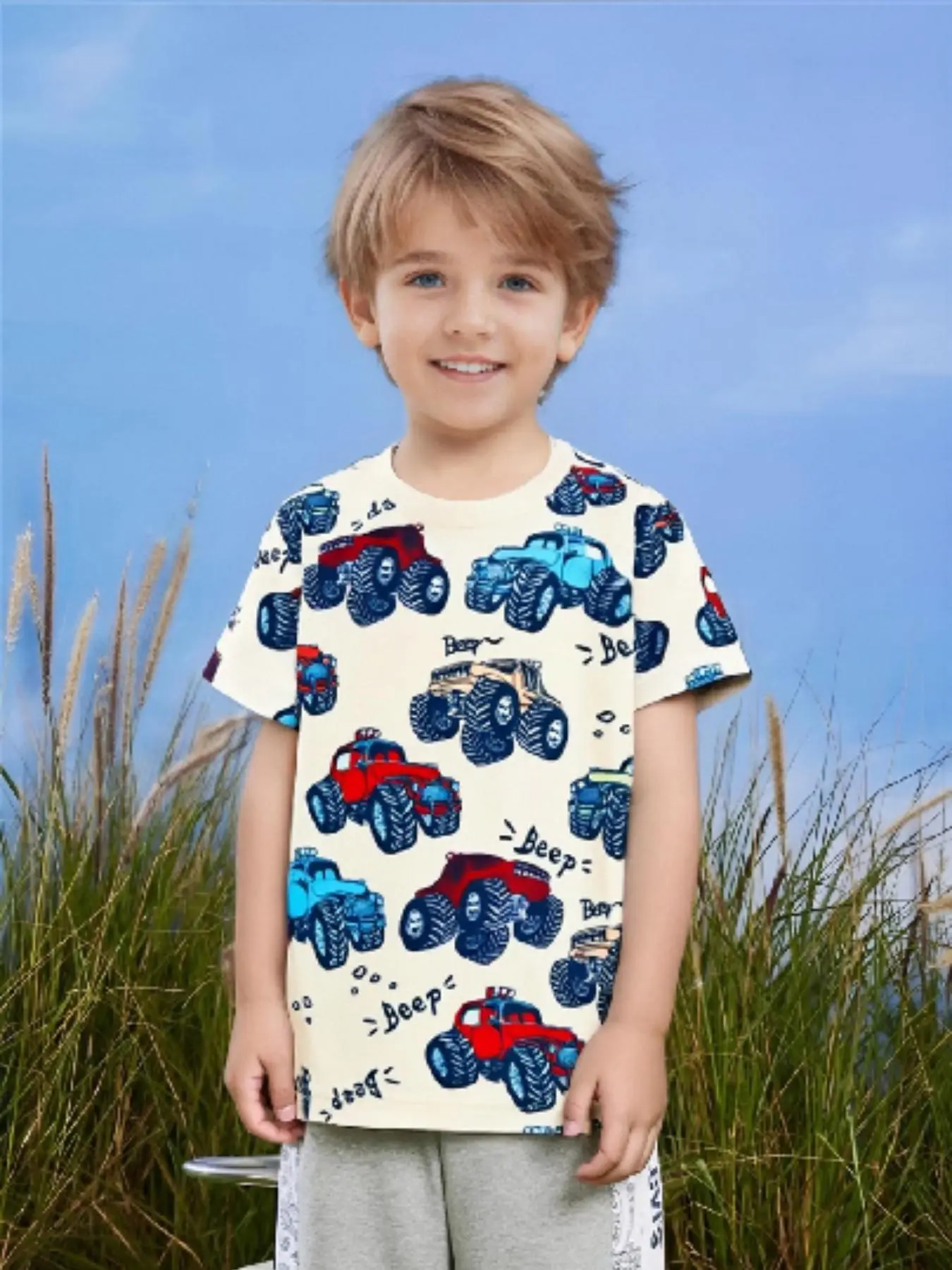 Boy's Cartoon Car Print Round Neck Tee, Cute Casual Short Sleeve T-shirt for Daily Wear, Kids Clothing for All Seasons