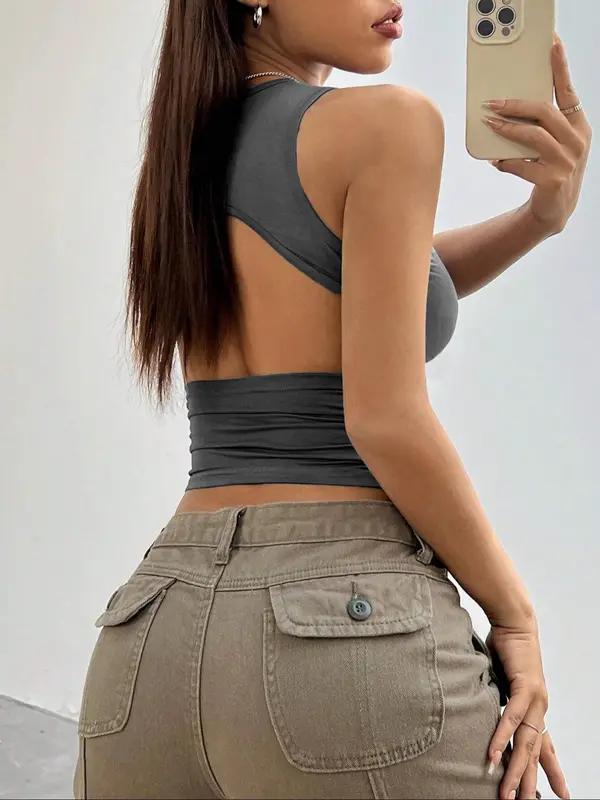 Women's Solid Ruched Backless Crop Tank Top, Casual Sleeveless Round Neck Top for Summer, Ladies Clothes for Daily Wear 1