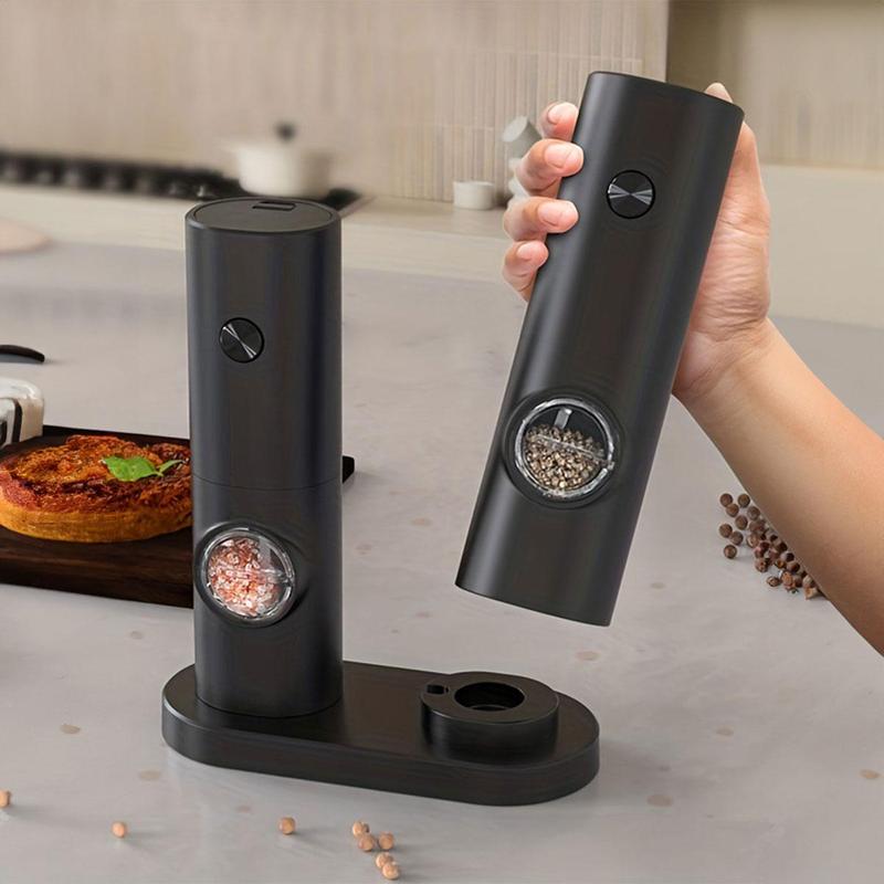 Product Introduction of Electric Pepper Mills Set without Battery, Battery Powered LED Light Adjustable Salt and Pepper Mills with Base and Brush, Kitchen Gadgets, Kitchen Accessories, Summer for Gift Seasoning Utensils 2