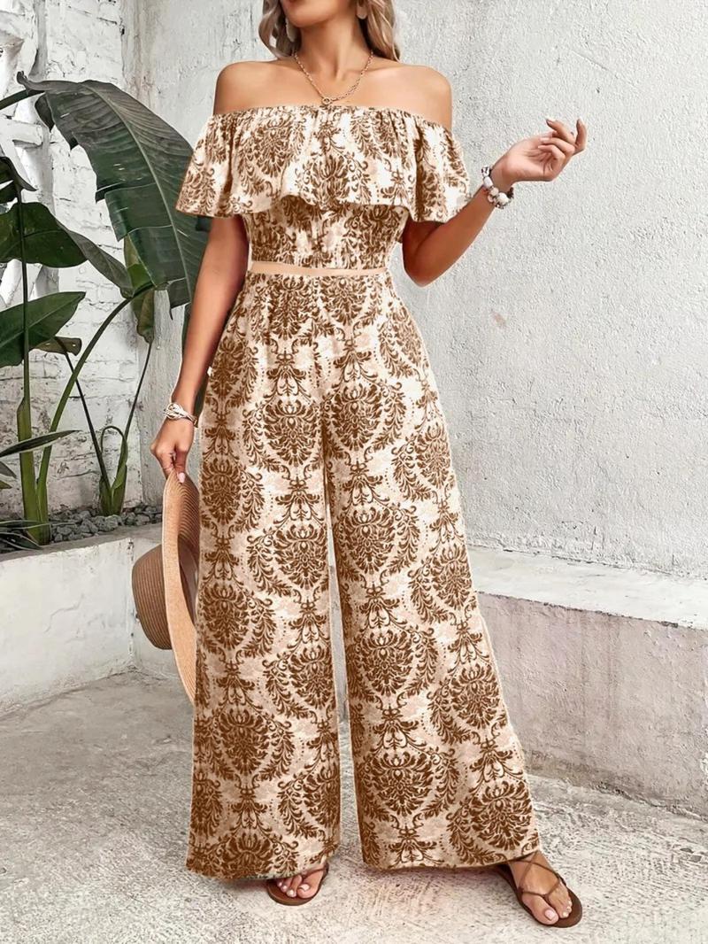 Product Introduction of Women's All Over Print Off Shoulder Top & Wide Leg Pants Set, Casual Fashion Two-piece Set for Summer, Women's Clothing for Daily Wear 5