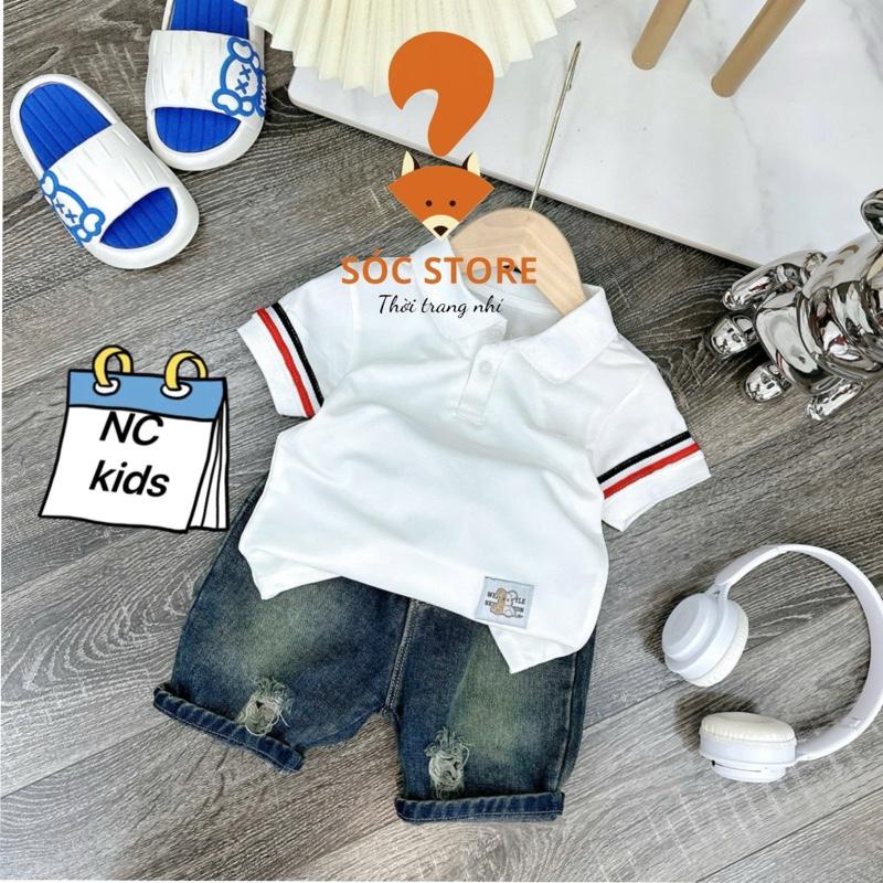 Set đồ bé trai áo thun polo  trắng kẻ viền tay phối quần jean rách cho bé 7-26kg. Chất vải dày đẹp - Sóc store