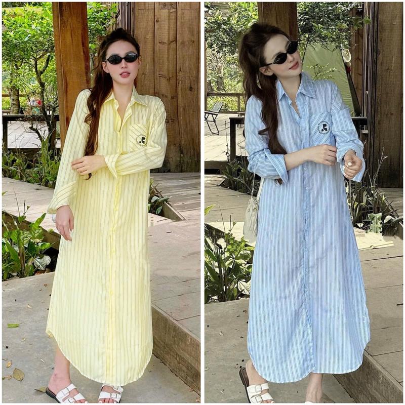 [V300 XÃ KHO] Váy Sơ Mi Kẻ Sọc Tay Dài In Kho Sỉ Nguyễn Bảo Ngọc