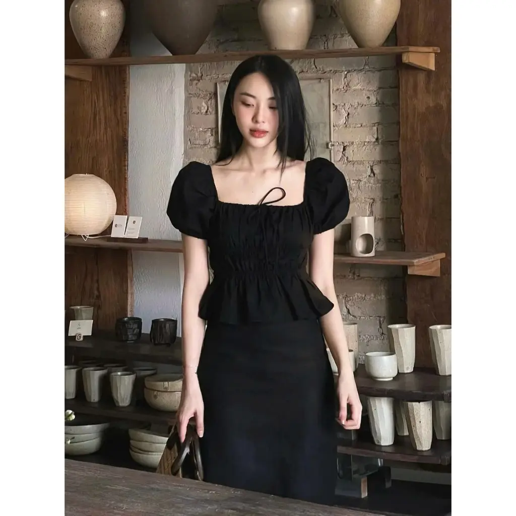 BARE_Áo kiểu tay bồng cột nơ chất linen, Áo babydoll tiểu thư dễ thương bo chun thân xinh xắn_A374 Nữ Voi