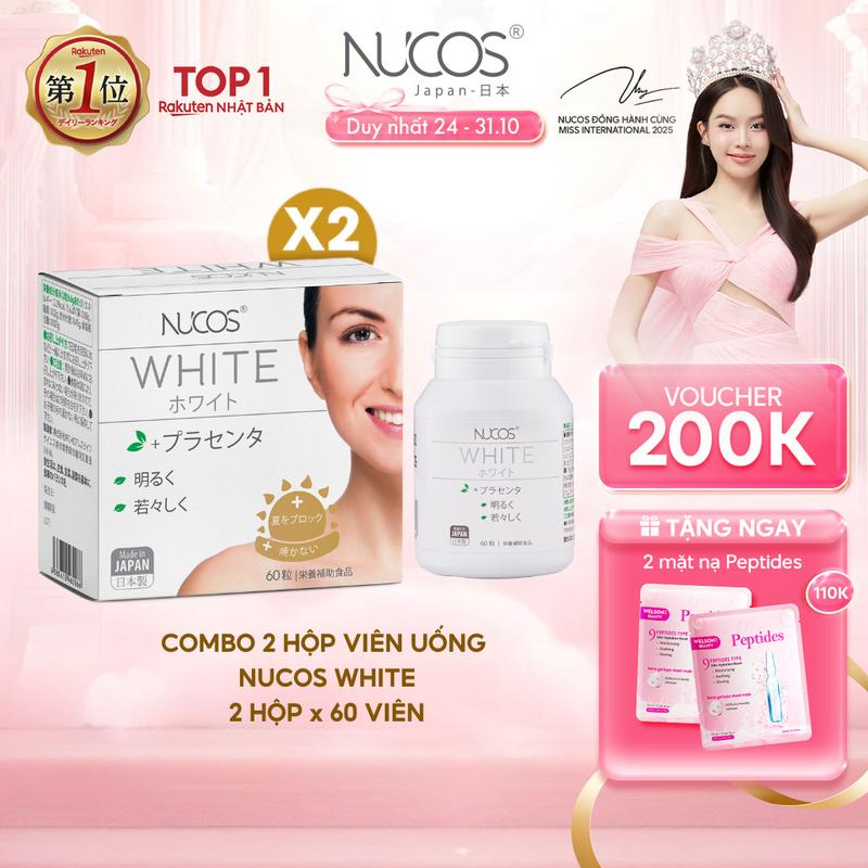 Date T12 2025 Combo 2 hộp TPBVSK Viên Uống Trắng Da Nucos White Hỗ Trợ Mờ Thâm Nám Sáng Da Hộp 60 viên