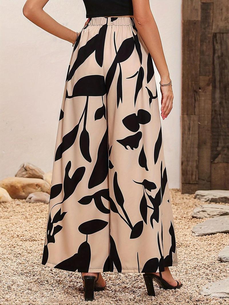 Product Introduction of Women's Leaf Print Elastic Waist Wide Leg Pants, Elegant High Waist Trousers for Summer, Women's Bottoms for Daily Wear 2