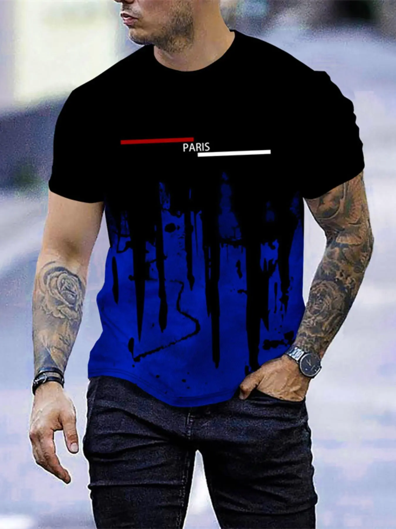 Men's Regular Fit Splash Ink &Letter Print Round Neck Tee, Casual Short Sleeve Crew Neck T-shirt for Summer, Fashion Men's Top for Daily Wear