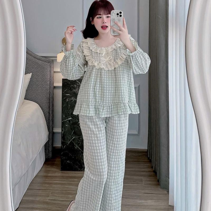 Bộ đồ Mặc nhà Kẻ caro Ren bèo 2 lớp Chất Đũi Thô tiểu thư cho Nữ DD65 Sammy - Quần Ngủ Nữ - Women 4