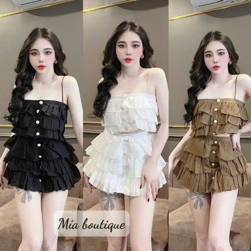 Set váy nũ đi chơi,set hai dây xếp tầng bèo đính cút váy ngắn chất tơ voan sexy sang chảnh