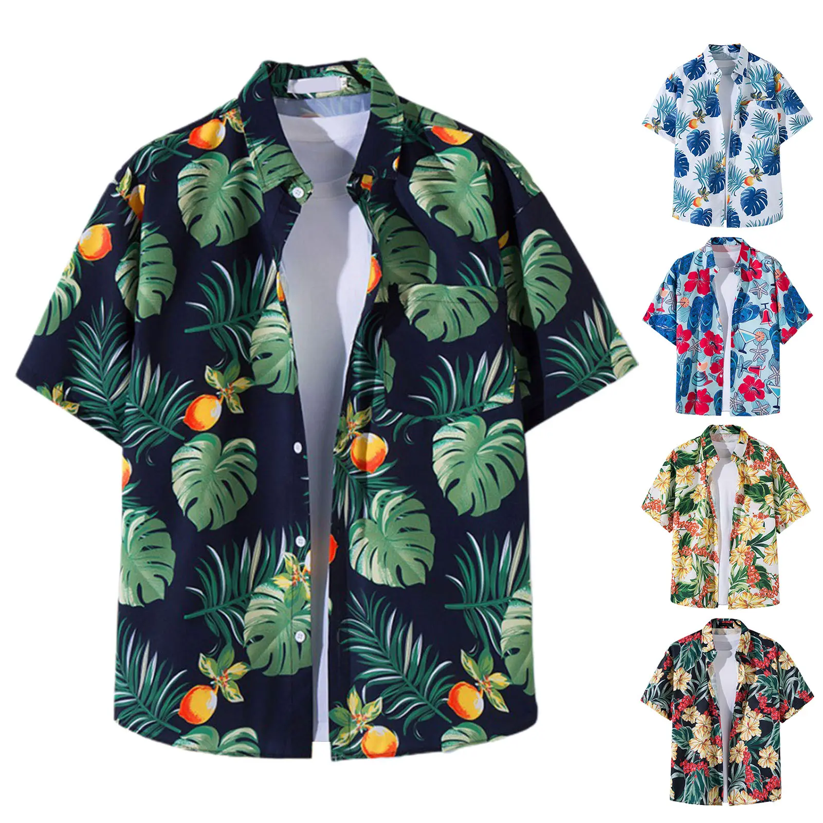 Honbata@Casual Lapel Short Sleeve Buttons Closure Men Shirt Summer Floral Leaves Printed Thin Hawaiian Beach Shirt Streetwear