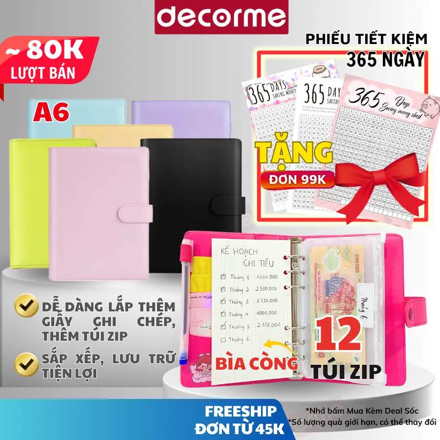 Sổ tiết kiệm đựng tiền DecorMe sổ chi tiêu tiết kiệm thông minh nhiều ngăn A6 set 5 set 12 túi zip - 1