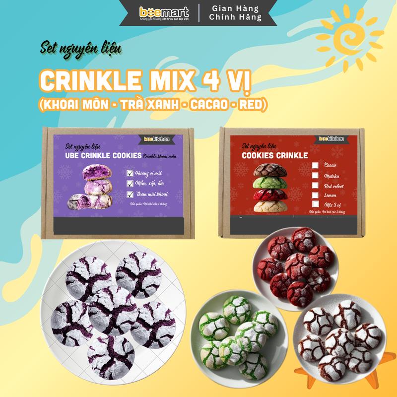 Combo 4 set cookies Crinkle nhà Bee - 4 vị Ube Matcha Cacao Red velvet - Thành phẩm 50 bánh - Độc quyền Beemart | set nguyen lieu cookies crinkles Food Ăn Vặt Bánh Quy cookie oreos