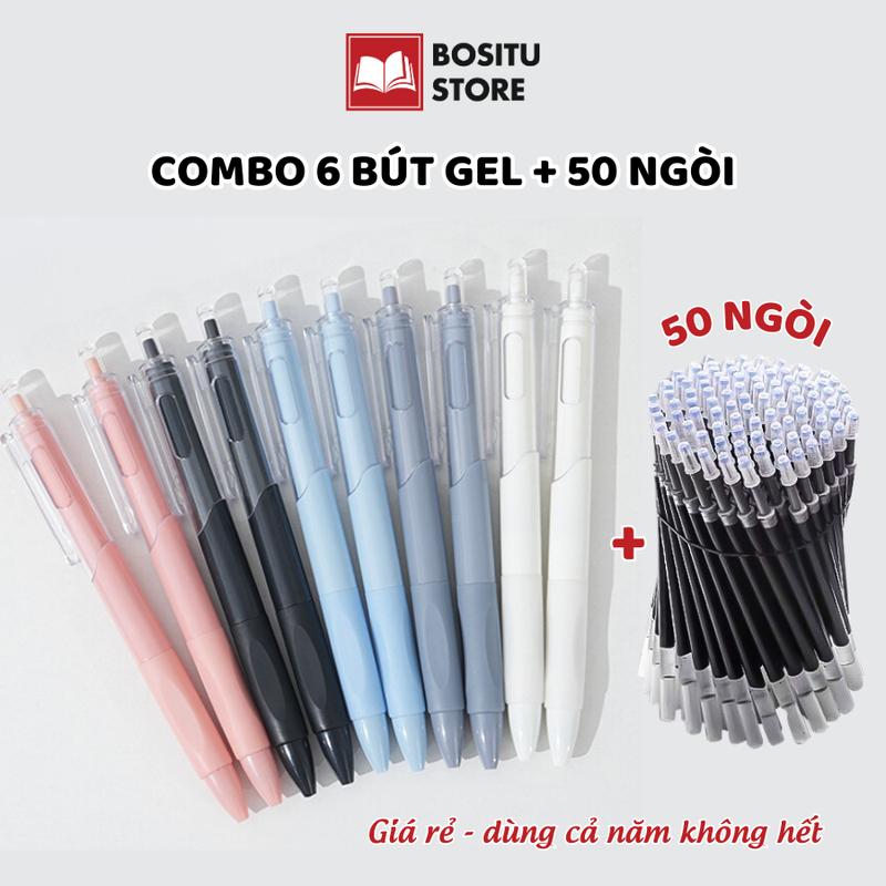 Bút mực gel COMBO 6 bút + 50 ngòi dùng cả năm, bút bi mực đen viết trơn- vỏ pastel xinh xắn nhiều màu thoải mái lựa chọn