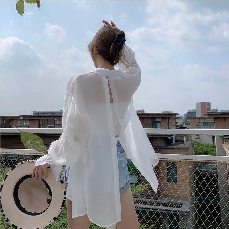 Basic id fashion Kemeja transparan oversize / kemeja ceruti belahan belakang / kemeja gaya korea style kekinian Fit Ceruty Wanita Atasan Remaja Casual Baju Panjang