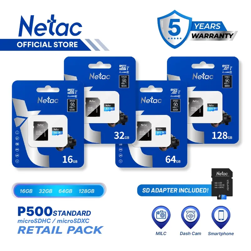 Netac MicroSD P500 Standard MicroSDHC/SDXC with SD Adapter 16GB/32GB/64GB/128GB U1/C10 up to 90MB/s Retail Pack Card 0