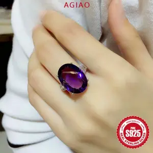 AGIAO Cincin Mewah Wanita Zircon Oval 5A Ungu Batu Permata Besar Berwarna