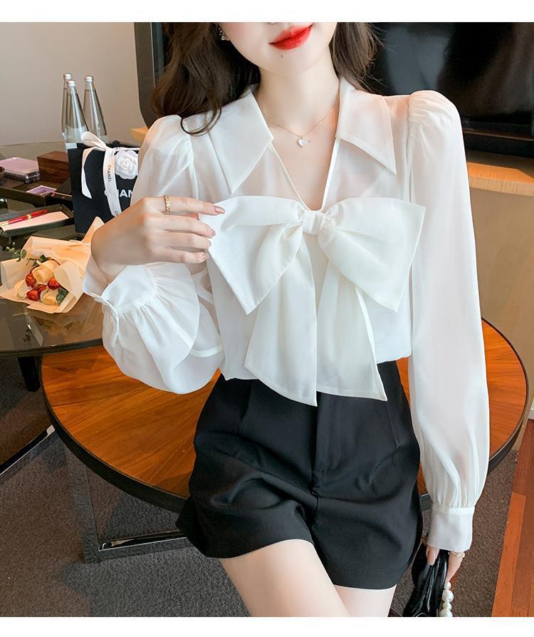 Product Introduction of Áo Sơ Mi Nơ Cổ Chữ V, Thiết Kế Xinh Xắn Của Phụ Nữ, Độc Đáo, Dài Tay Áo, Thích Hợp Cho Mùa Thu, Hàng Mới Về 2023, Áo Voan Đỏ Thanh Lịch Women 3