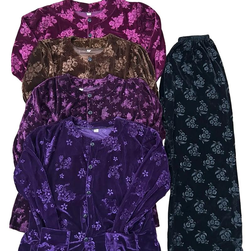 Đồ bộ nhung bà già, quần nhung người già nữ trung niên người cao tuổi (bộ áo nhung + quần nhung hoa) - Top - Women