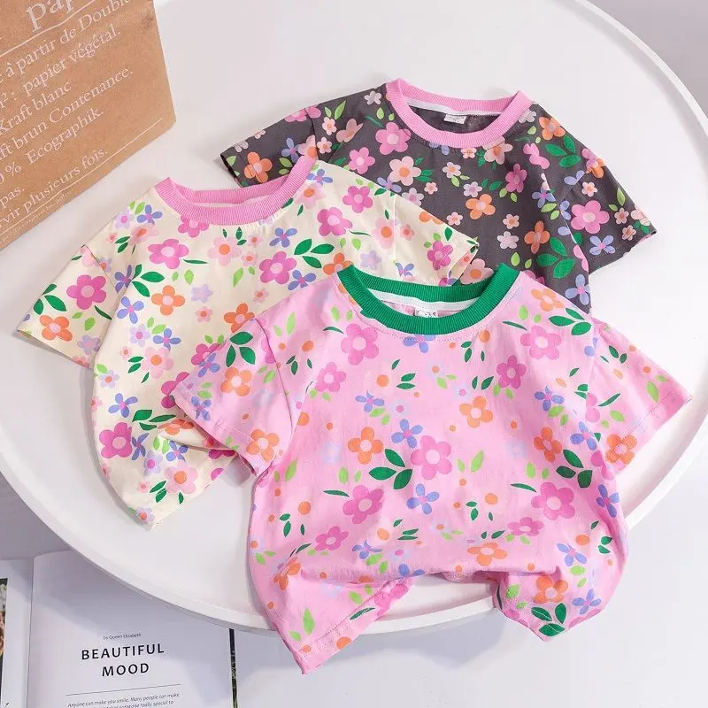 Áo Thun Ngắn Tay Cho Bé Gái, Hàng Mới Về Mùa Hè, Phong Cách Hàn Quốc, Thời Trang, Cotton Nguyên Chất, Áo Thun Hoa Mỏng, Áo Tay Lỡ, Cho Bé Gái