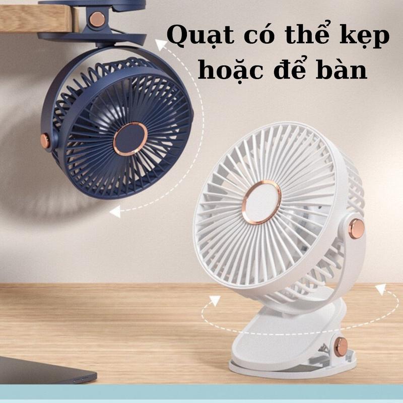 Quạt Tích Điện Để Bàn Mini Quạt Kẹp Tích Điện Mini Xoay 720 Độ Đế Chống Trơn Trượt Tích Hợp Đèn Led Phụ Kiện Usb Type C