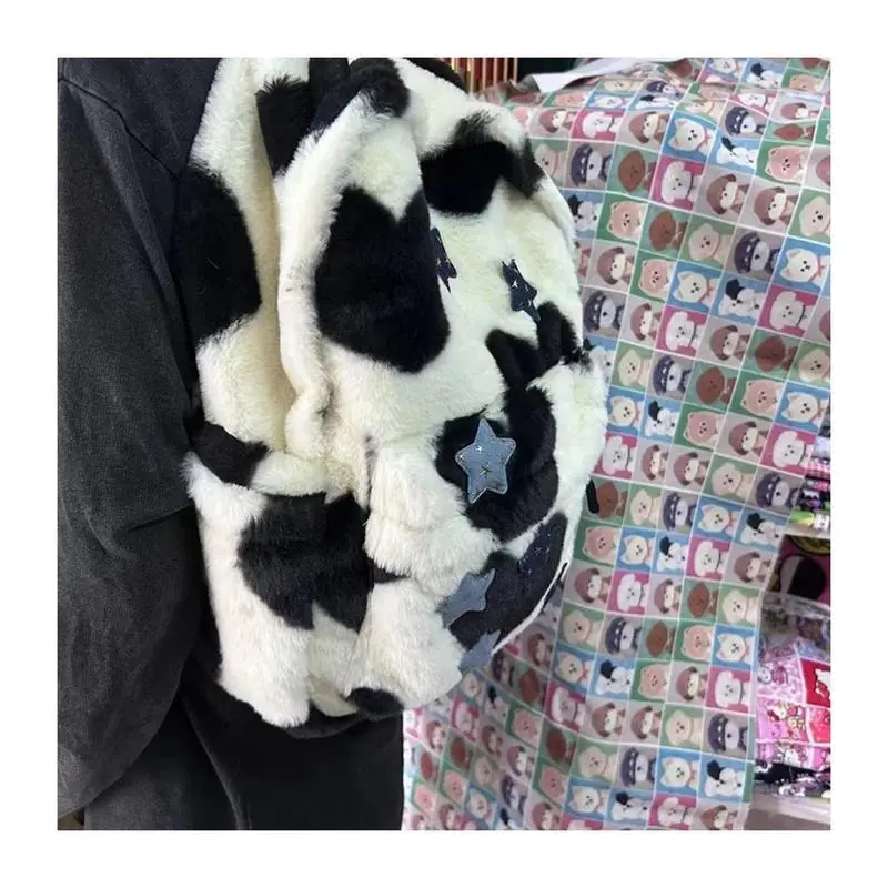 Tas ransel wanita import tas cewek sekolah kece Ransel Wanita Bintang Lima Milenial yang Menggemaskan dengan Desain Leopard Cocok untuk Mahasiswa Serba Guna Terbuat dari Bulu-Bulu Halus Gaya Niche dan Fleksibel Backpack tas ransel sekolah cewek QX152 8