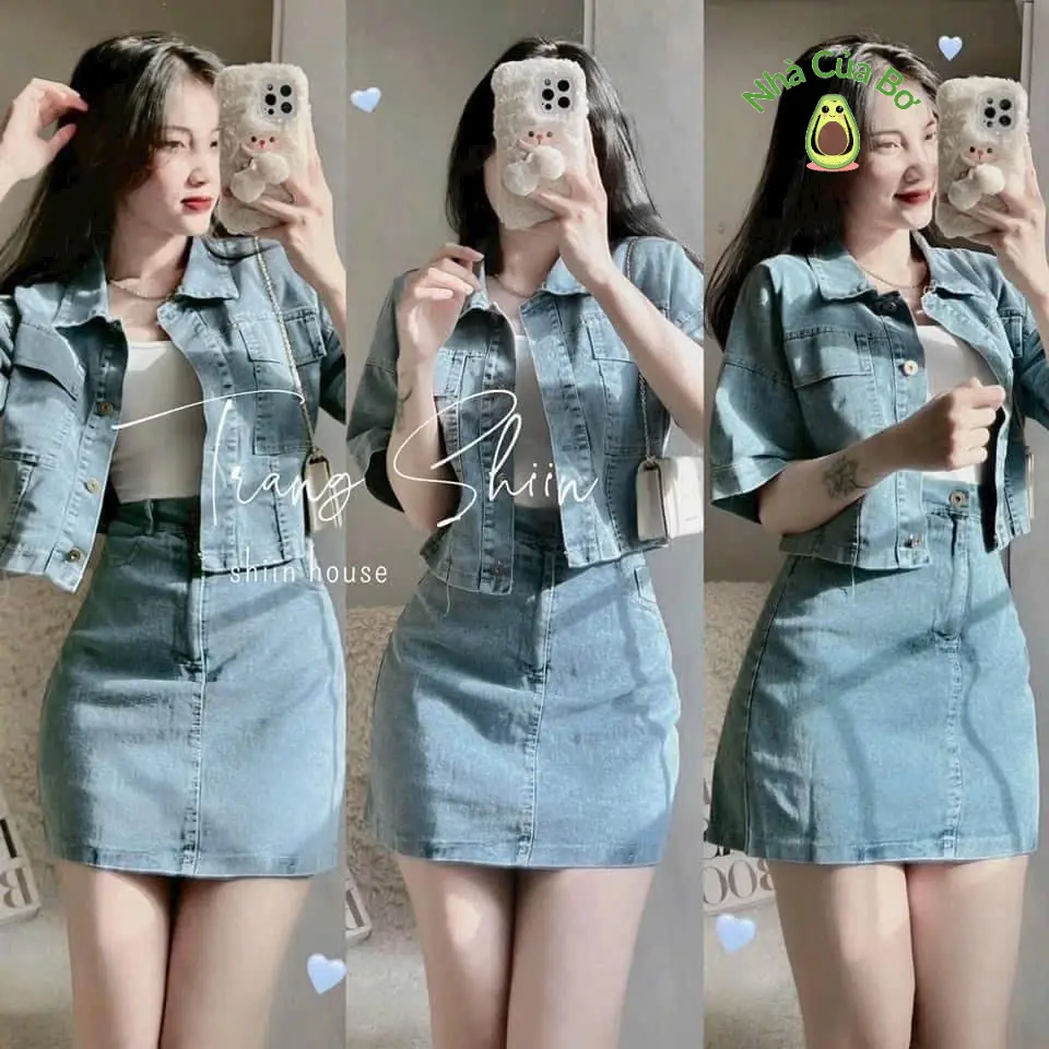Set váy jeans không kèm lót trong thời trang thiết kế cổ sơ mi áo ngắn tay phối túi váy ngắn chữ A sang chảnh