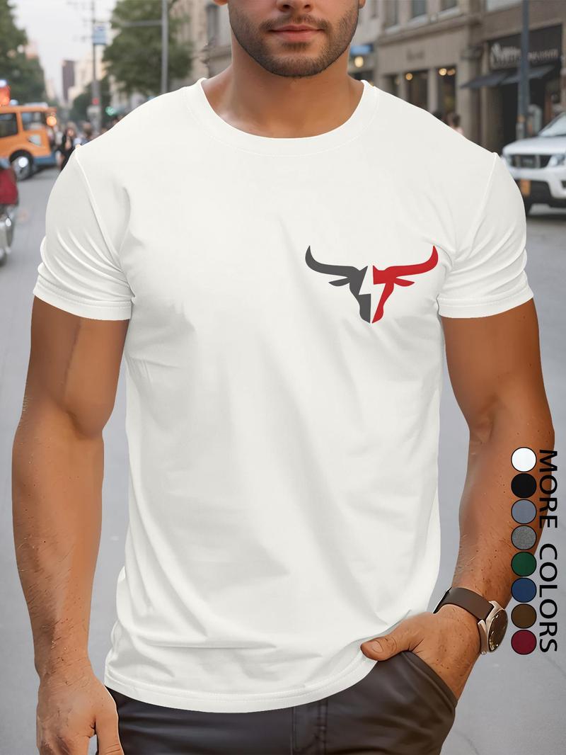 Product Introduction of Men's Regular Fit Bull Head Print Round Neck Tee, Casual Short Sleeve Crew Neck T-shirt for Summer, Fashion Men's Top for Daily Wear 3