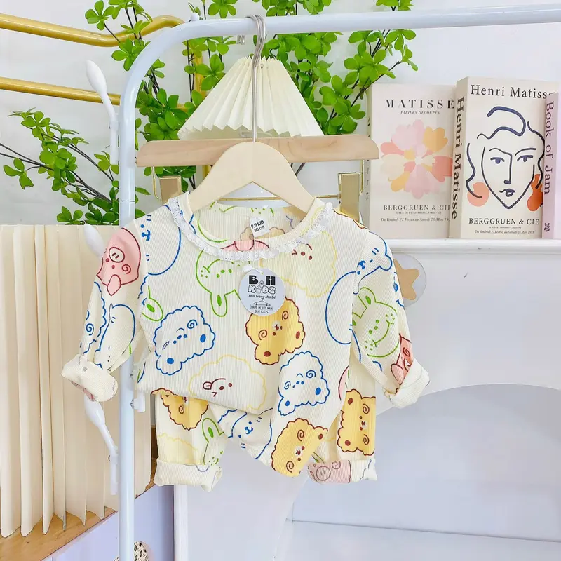 COMBO 2 BỘ quần áo thun tăm dài tay, họa tiết in kín cho bé gái size 6-16kg 1