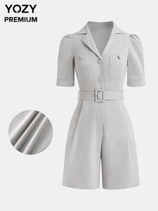 YOZY Women's Solid Belted Pocket Romper, Casual Short Sleeve Romper for Summer, Fashion Women's Clothes for Daily Wear