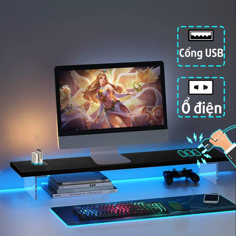 Kệ màn hình máy tính chân Mica TOPV sạc không dây USB LED kệ để máy tính bàn decor giá đỡ màn hình kê PC gỗ TopV Home