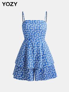 YOZY Boho Ditsy Floral Print Bow Back Cami Romper, Ruffle Hem Cut Out Romper, 2024 Women's Summer Outfits for Beach Holiday Vacation