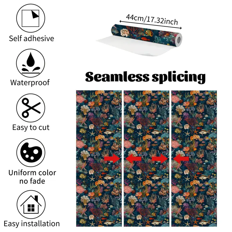 Floral & Fish Pattern Wall Sticker, 1 Roll Removable Waterproof Wall Paper, Self Adhesive Wall Decal for Kitchen Living Room Dining Room Bedroom 8