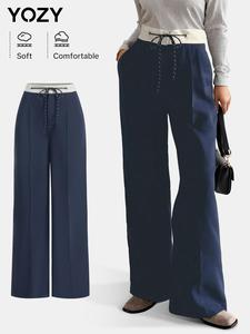 YOZY Women's Colorblock Drawstring Waist Pants, Casual Pocket Trousers for Daily Wear, Ladies Bottoms for All Seasons