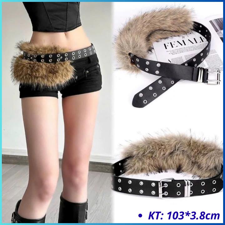  Thắt lưng Belt nam nữ Y2K phối lông  dây đai hai hàng lỗ bản to kèm lông basic OLL395 