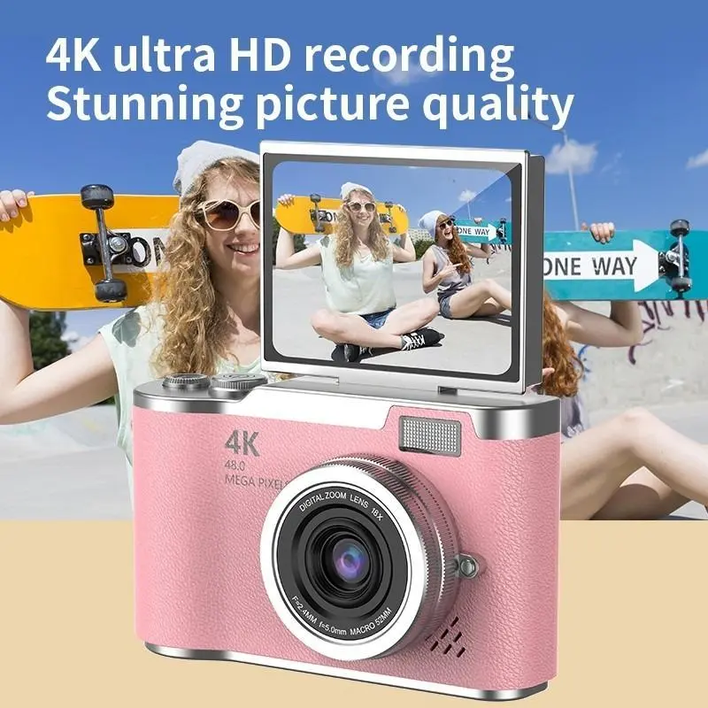 Kamera digital 48MP, 4K HD, dengan flash, webcam mini, layar putar 180°, zoom optik 8x, kamera selfie CCD mini, hadiah gratis, kado ulang tahun.