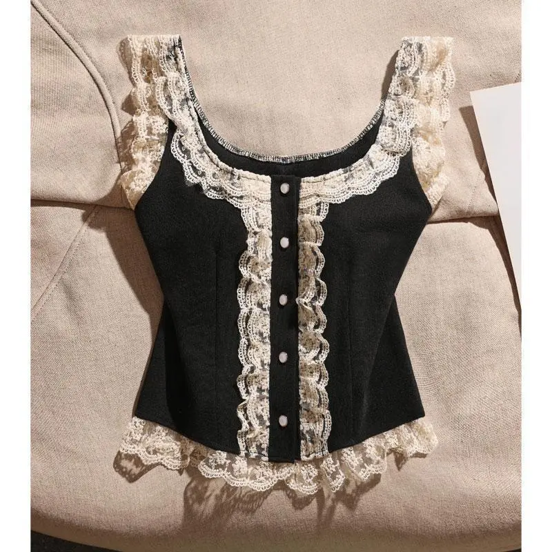 Women Lace patchwork camisole vest retro short tops Womenswear Tube