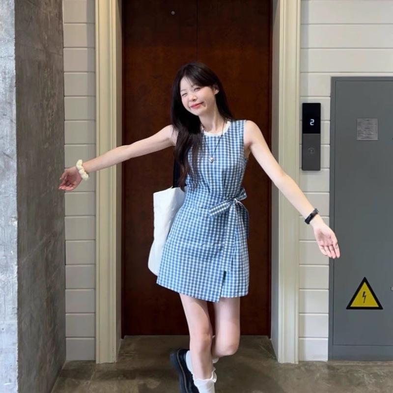 Váy caro xanh thắt nơ màu khoét nách TG103 CHARMZA Nữ Women