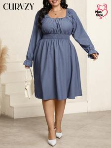 CURVZY Plus Size Solid Shirred Square Neck Dress, Casual Long Sleeve Dress for Spring & Fall, Women's Plus Clothes for Daily Wear