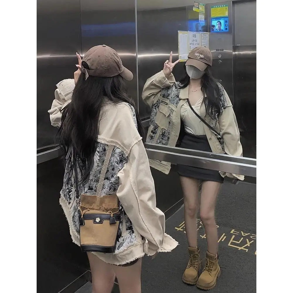 Áo Khoác Denim, Phong Cách Hồng Kông, Cổ Điển Sang Trọng, Thêu Chắp Vá, Dành Cho Nữ, Hàng Mới Về Mùa Thu, Cao Cấp, Dáng Rộng Vừa Vặn, Áo Khoác, Phong Cách Ins