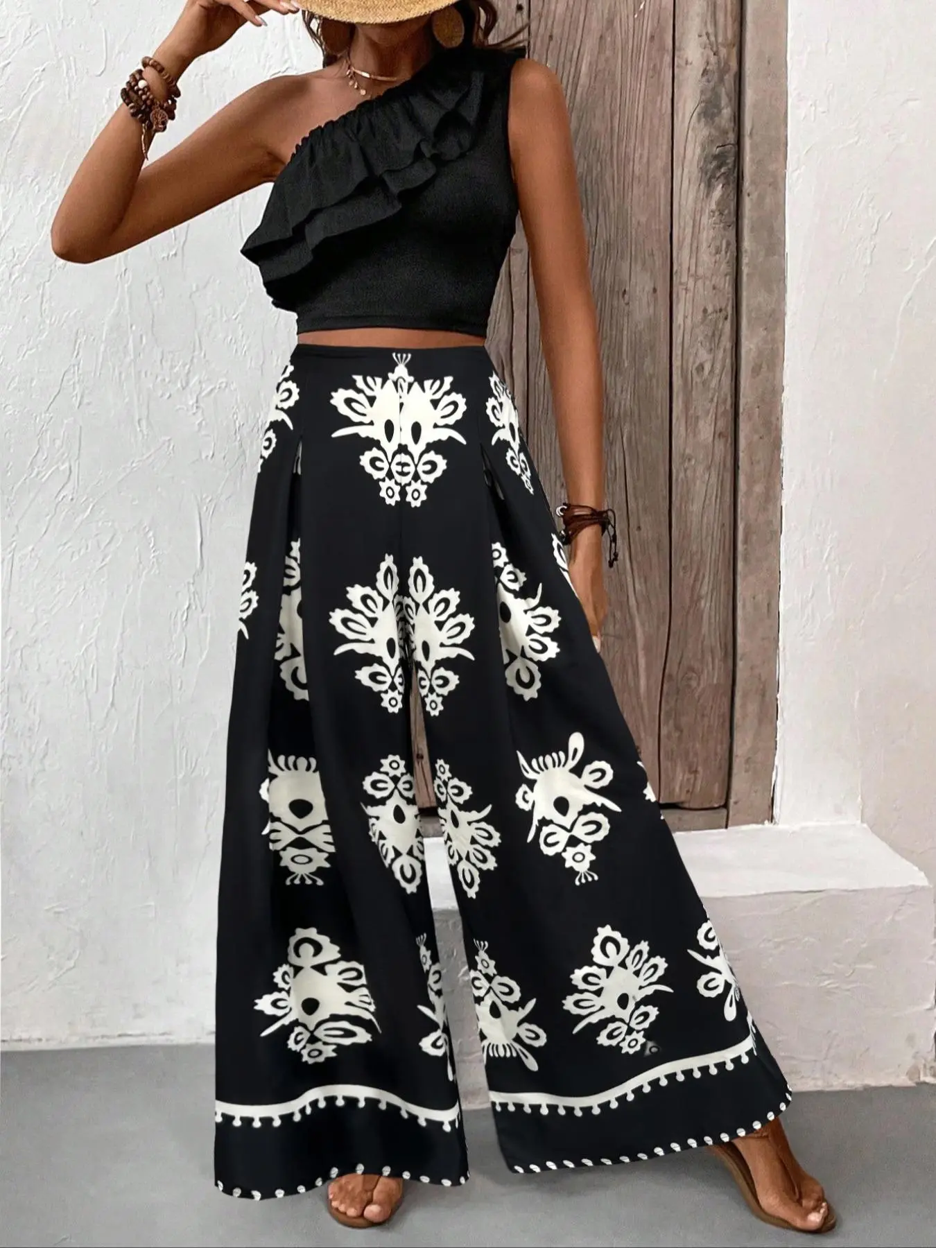 Women's One Shoulder Tank Top & Wide Leg Pants Two-piece Set, Elegant Fashion Casual Top & Trousers for Daily Outdoor Wear, Ladies Clothes for All Seasons