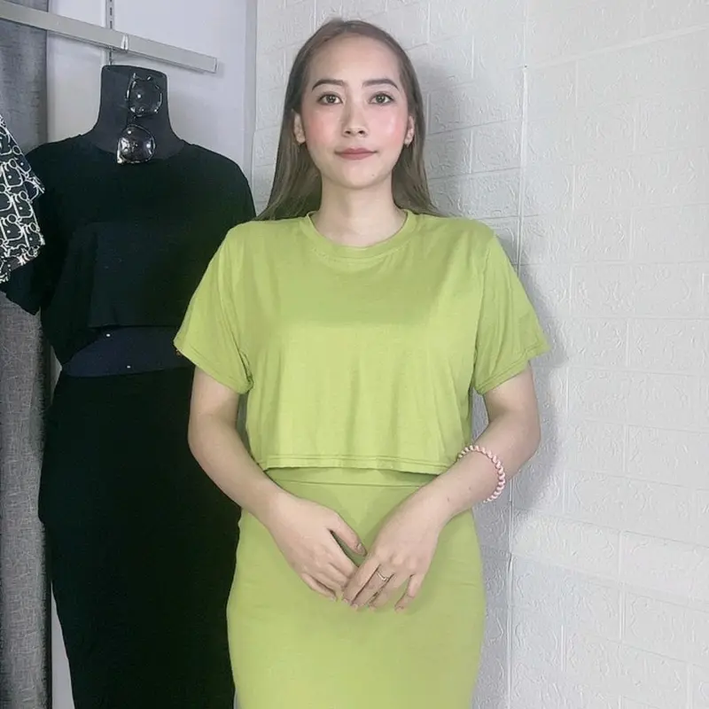 One set atasan Crop top dan rok Span motif Etnik Karet Panjang Printing Rayon Setelan Lengan pendek Lengan pendek 4