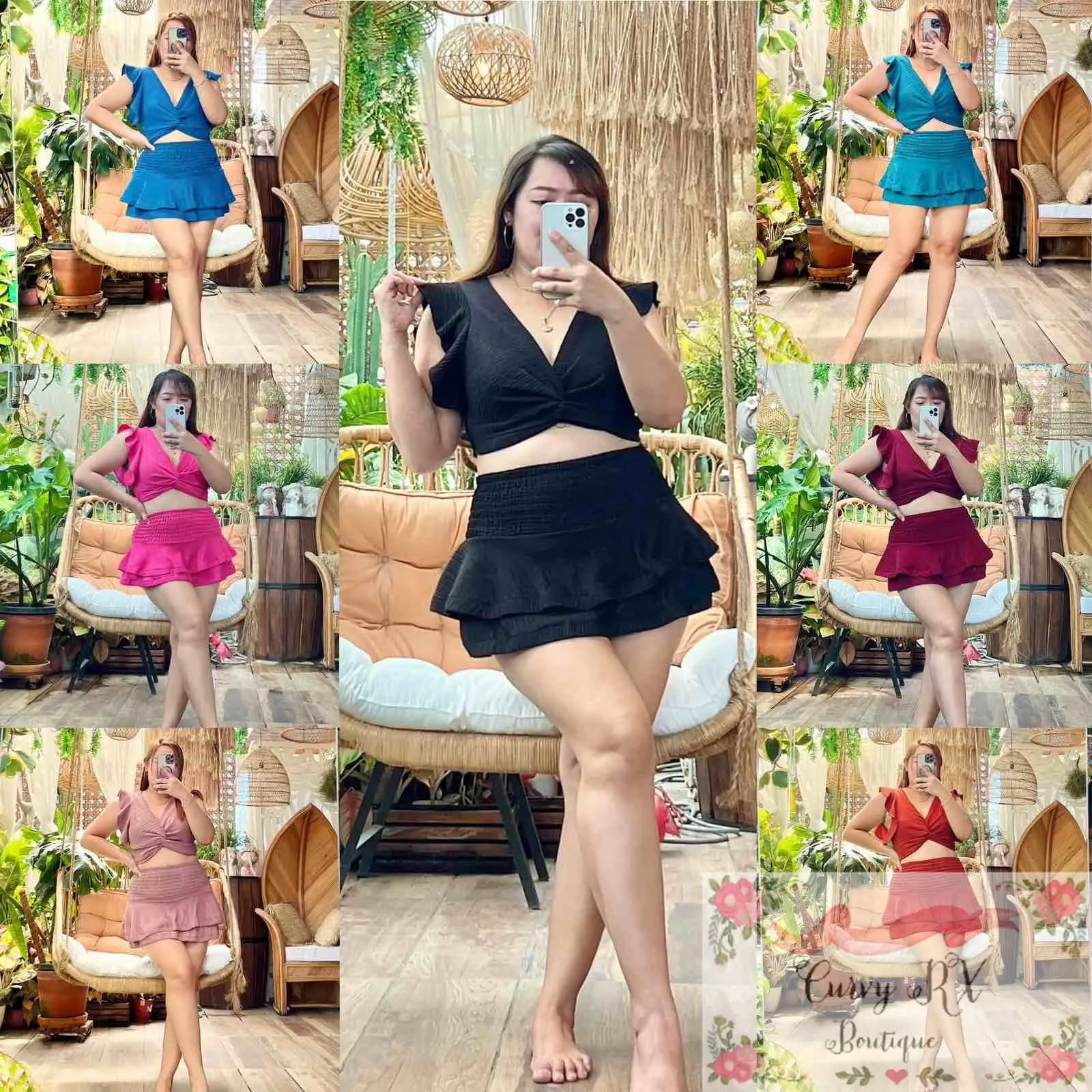 Plus Size Ruffle Design Twisted Top and High Waist Skorts Terno Summer Wear Cherry 2 Piece Swimsuit ( With Inner Boyleg Attached to Skirt ) - Bark Crepe Fabric