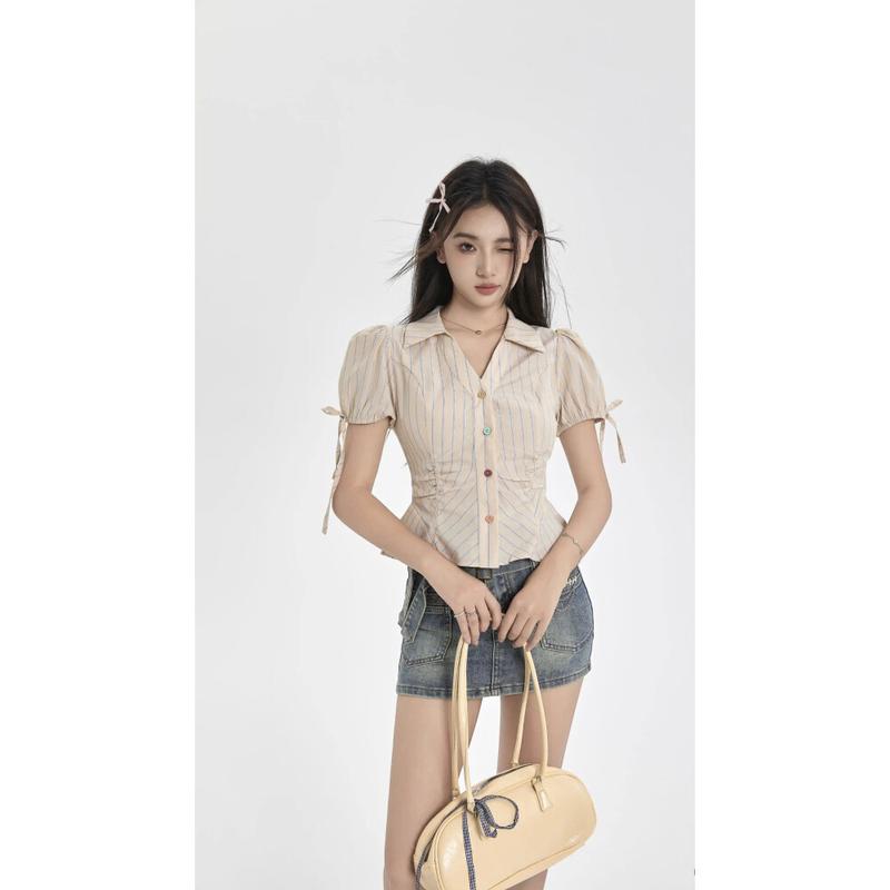 Product Introduction of FADFAD[Ready Stock] Kemeja Lengan Pendek Bermotif Garis Krah V-neck Untuk Wanita 2